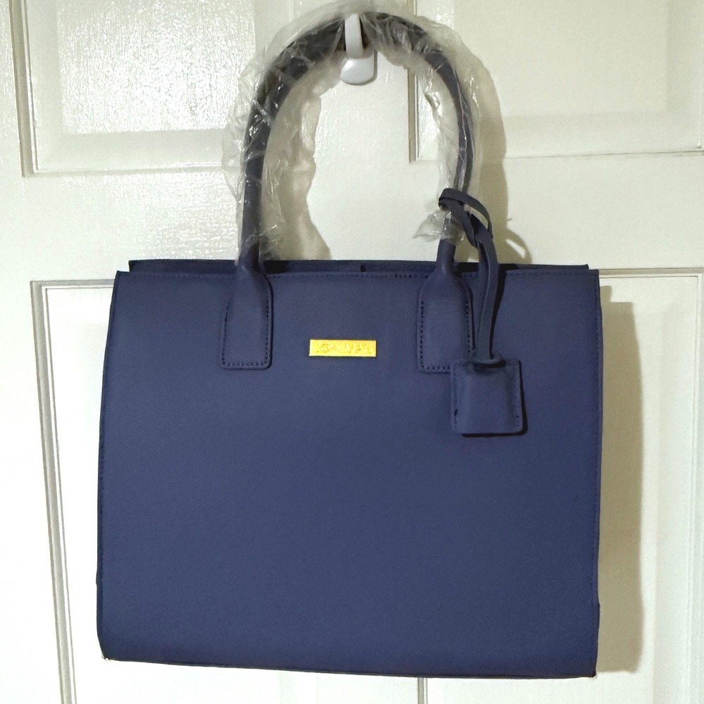 Joy &‎ Iman Blue Pebbled Leather Tote Bag Gold Hardware Structured Handbag